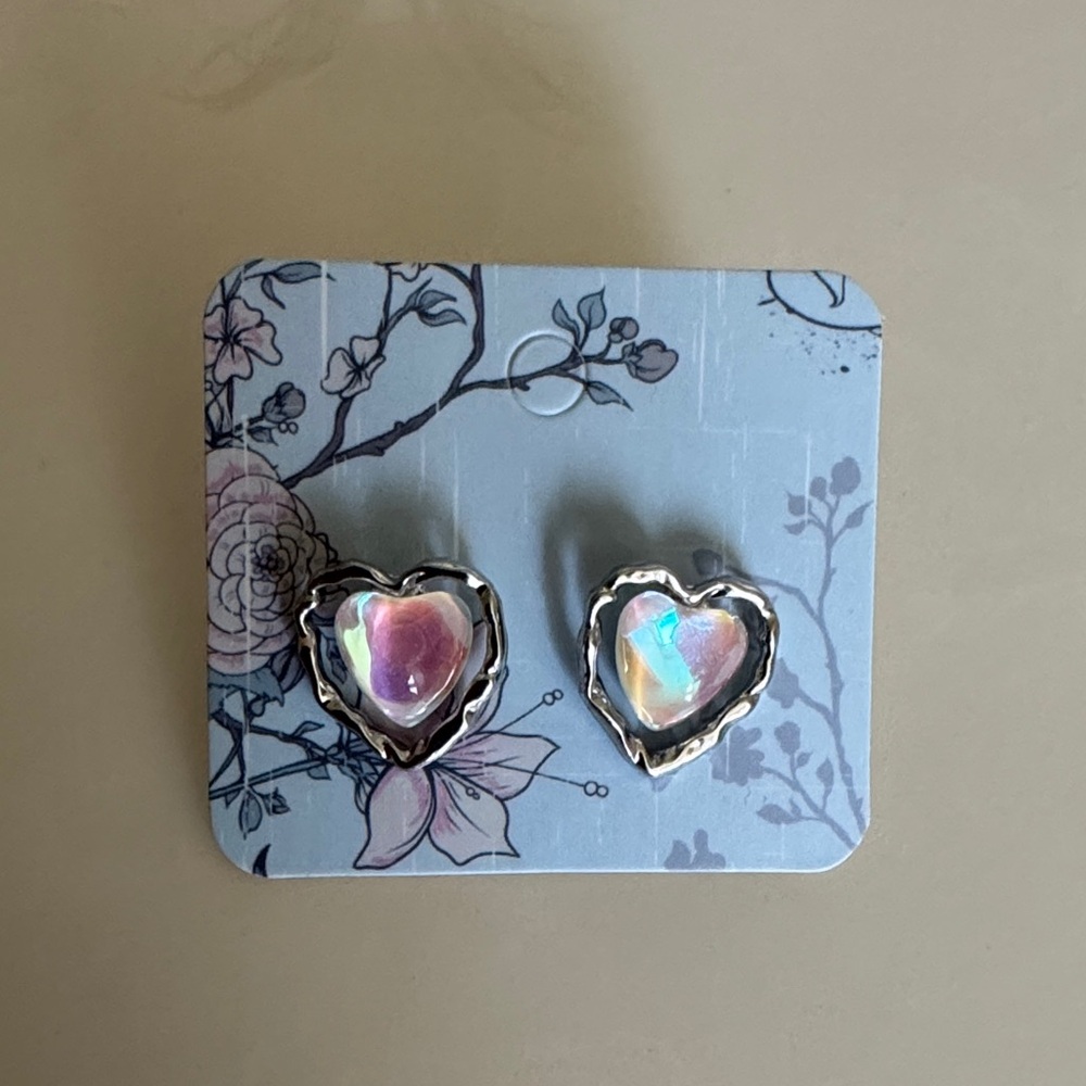 Silver Heart Earrings with Iridescent Pink Stone